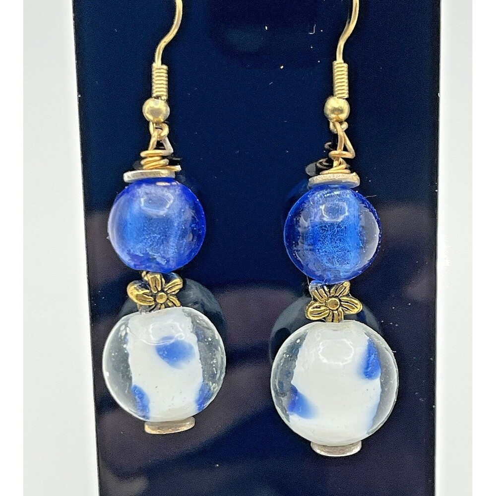 Vintage Blue & White Glass Round Orb Dangle Earrings 2 1/4 “ Long - Picture 4 of 9